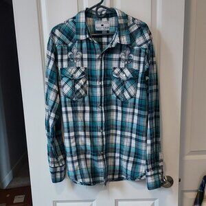 Pop Icon turquoise and white plaid cotton shirt